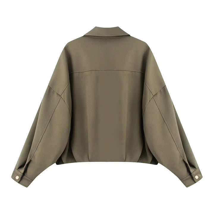 Damen nan cropped Overshirt-Jacke mit überlanger Ärmelpartie, großen Pattentaschen und verdeckter Druckknopfleiste Drune