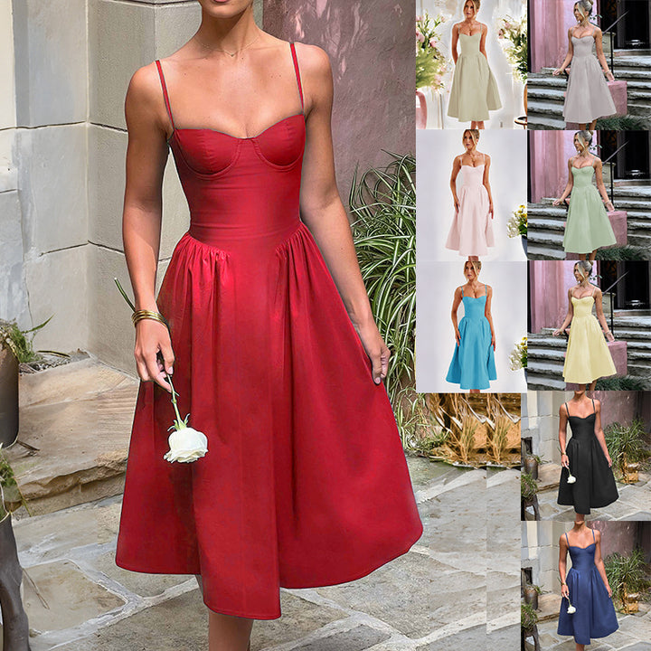 Damen Elegantes Midi-Kleid mit Spaghetti-Trägern und tailliertem Schnitt Drune
