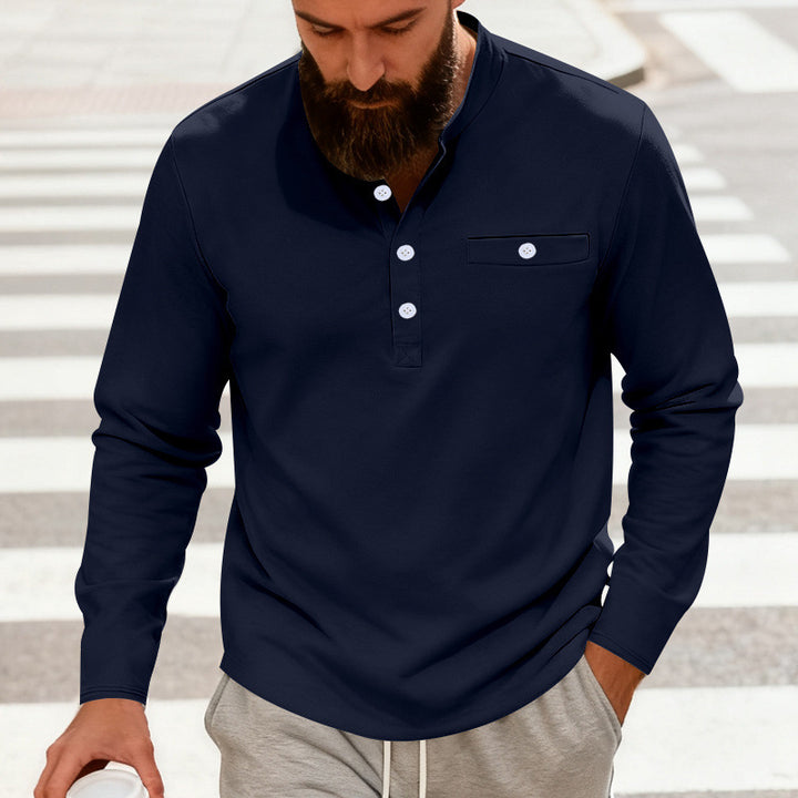 Herren nan lässiges Langarm-Henleyshirt aus Baumwollmischung mit Brusttasche Drune