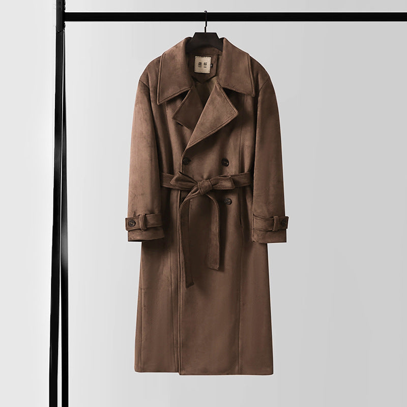 Herren Maxilanger Velours-Mantel im Trench-Look mit breitem Revers und Bindegürtel Drune