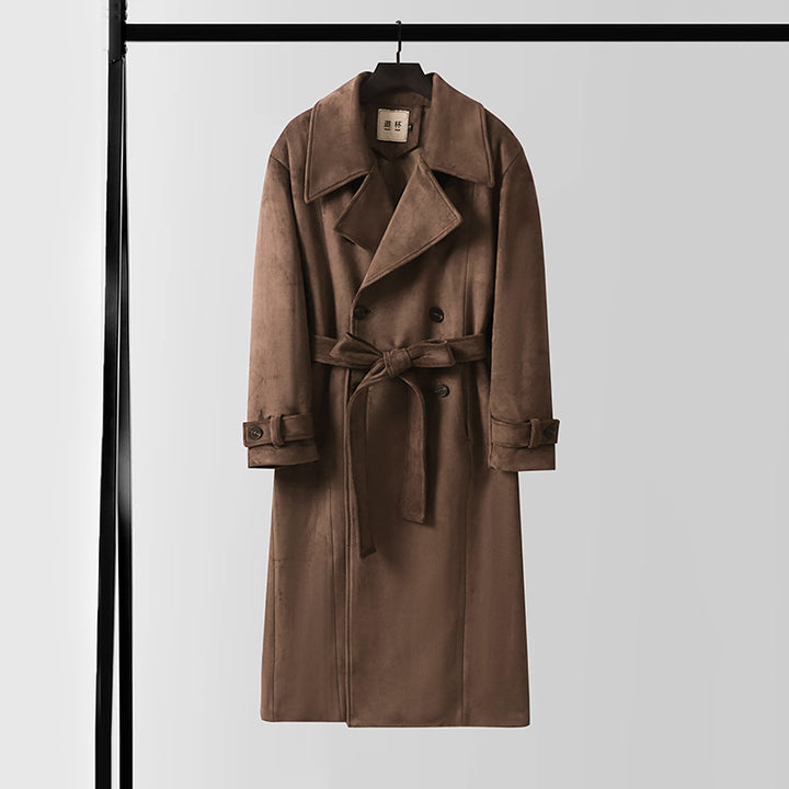 Herren Maxilanger Velours-Mantel im Trench-Look mit breitem Revers und Bindegürtel Drune