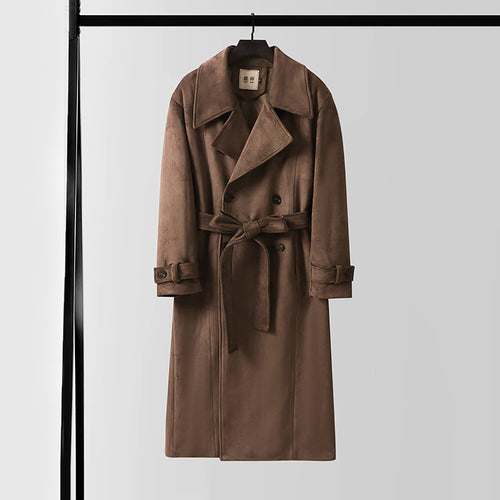 Herren Maxilanger Velours-Mantel im Trench-Look mit breitem Revers und Bindegürtel Drune