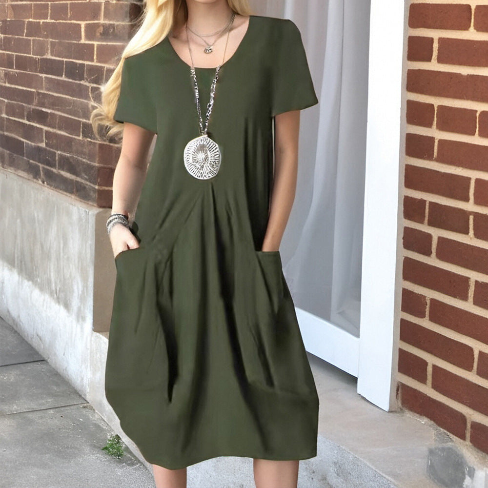 Damen lässiges Kurzarm-Kleid mit seitlichen Taschen und lockerem Schnitt Drune