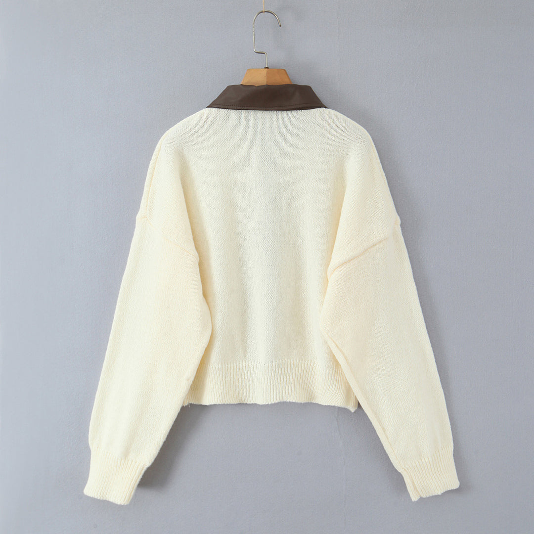 Damen 10+ Oversize Strickjacke mit Zweiwege‑Reißverschluss und spitzem Kontrastkragen Drune