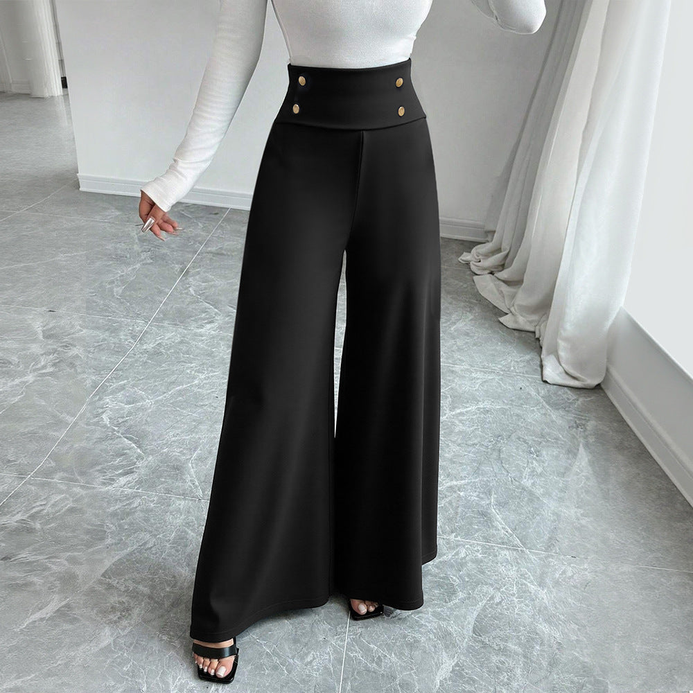 Damen Weite Palazzo-Hose mit hoch tailliertem Bund und dekorativen Knopfdetails Drune