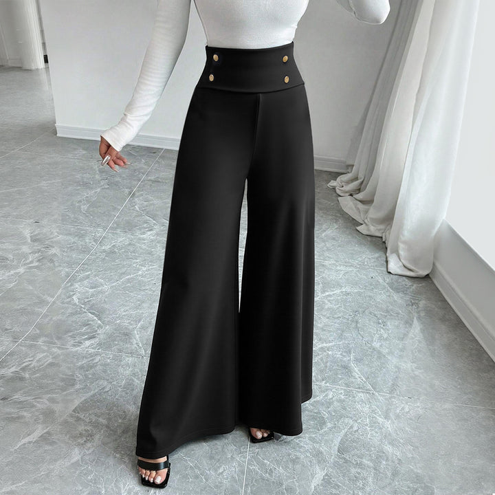 Damen Weite Palazzo-Hose mit hoch tailliertem Bund und dekorativen Knopfdetails Drune