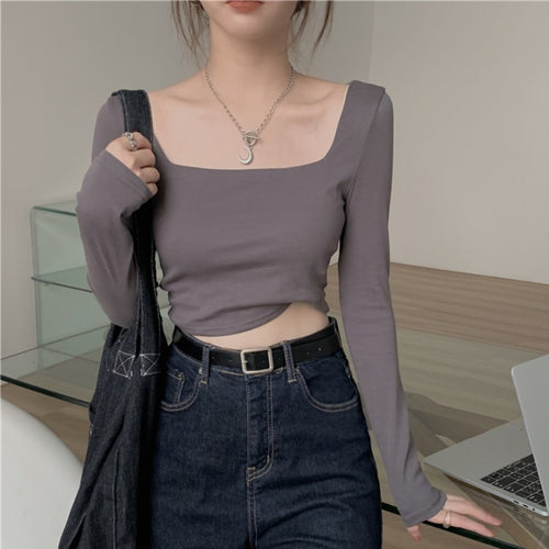 Damen Langarm Crop-Top mit elegantem Quadrat-Ausschnitt und figurumspielendem Schnitt
