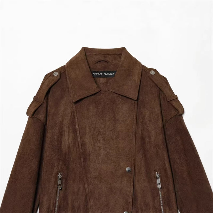 Damen nan kastige Cropped-Bikerjacke aus Wildlederimitat mit Schulterklappen und Reißverschlusstaschen Drune