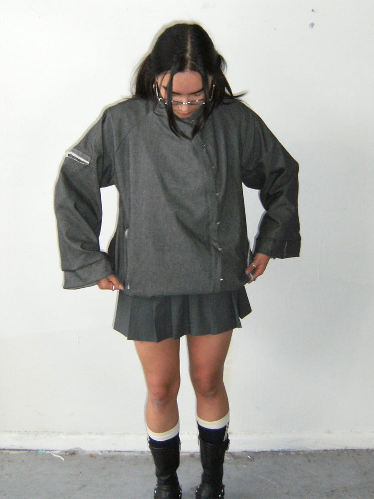 Damen Oversize-Boxy-Jacke mit asymmetrischem Druckknopfverschluss und Ärmeltasche Drune