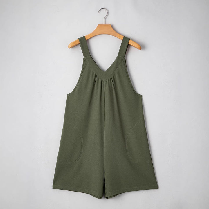 Damen Ärmelloser Waffel-Shorts-Overall mit V‑Ausschnitt und Eingrifftaschen Drune