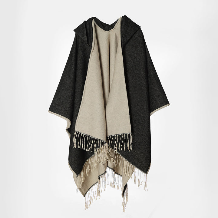 Damen Kapuzencape aus Wollmix mit Wendefunktion und Fransensaum Drune
