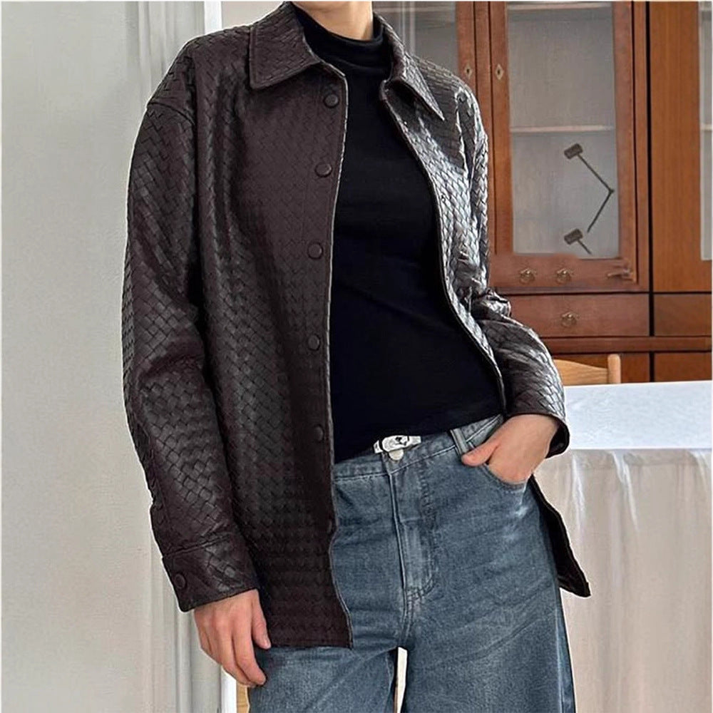 Damen lässige Kunstleder-Jacke mit geflochtenem Design und praktischen Druckknöpfen Drune