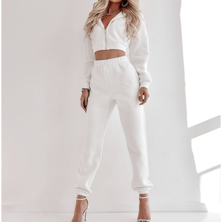 Damen kurzes Kapuzen-Sweatshirt mit Reißverschluss und hochgeschnittene Jogginghose Set Drune