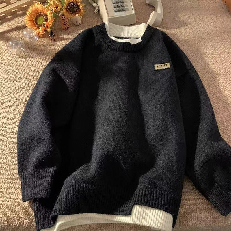 Unisex Oversized Lagenlook-Strickpullover mit kontrastiertem Innenkragen und geripptem Saum Drune