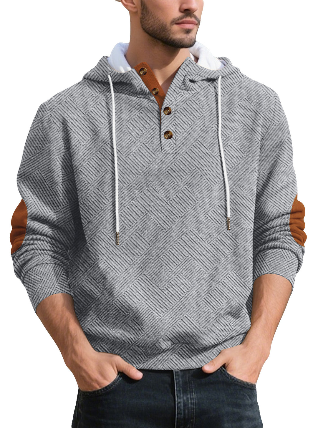 Herren nan strukturierter Kapuzen-Henley-Pullover mit Jacquardstruktur, Knopfleiste und Ellenbogenpatches Drune
