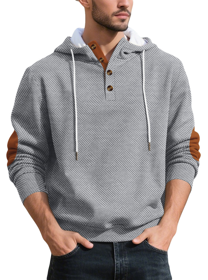 Herren nan strukturierter Kapuzen-Henley-Pullover mit Jacquardstruktur, Knopfleiste und Ellenbogenpatches Drune