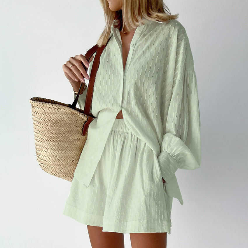 Damen luftiges Oberteil und Shorts Set mit feiner Struktur Drune