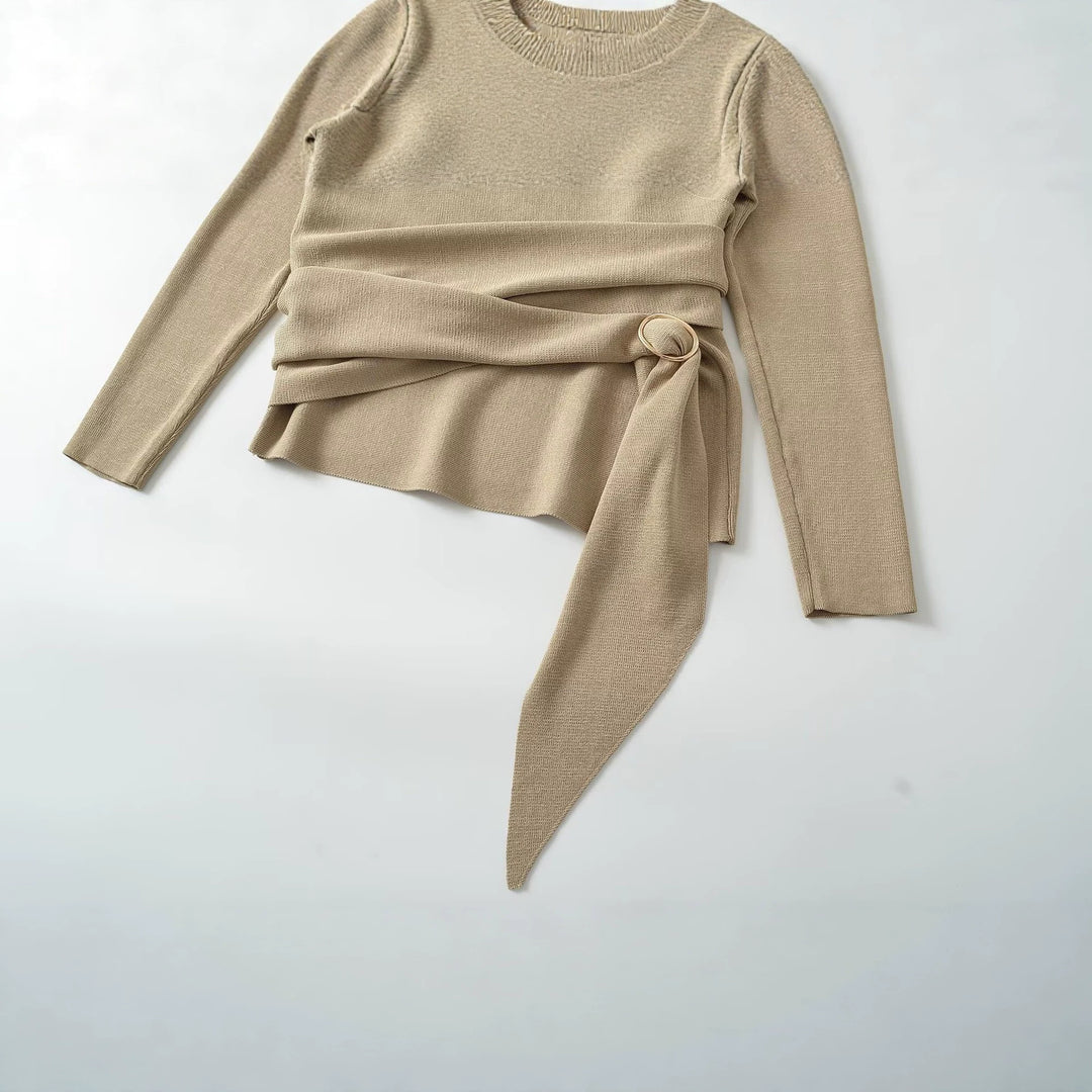 Damen Wickel-Strickpullover mit V‑Ausschnitt und Ziergürtel Drune