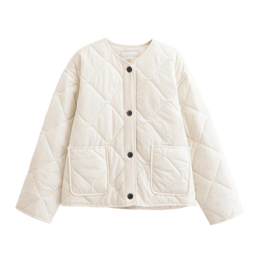 Damen 10+ gefütterte gesteppte Boxy‑Kurzjacke mit Rundhalsausschnitt, durchgehender Knopfleiste und aufgesetzten Taschen Drune