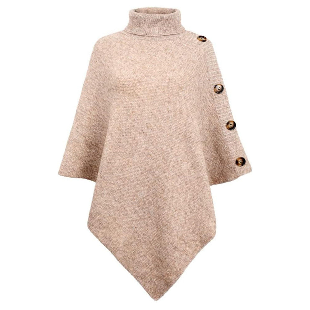 Damen nan asymmetrischer Strickponcho mit Rollkragen und dekorativer Knopfleiste Drune