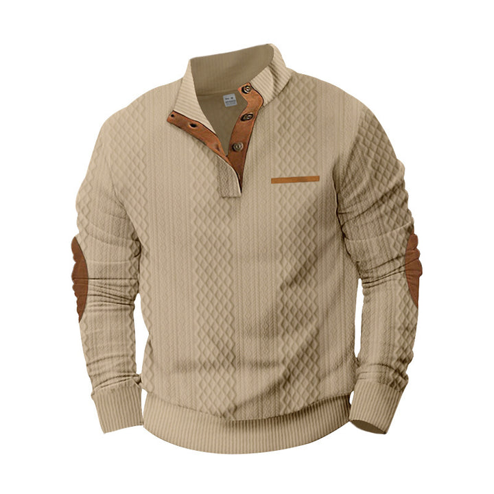 Herren nan strukturierter Strickpullover mit Stehkragen, Knopfleiste und Ellenbogenpatches Drune