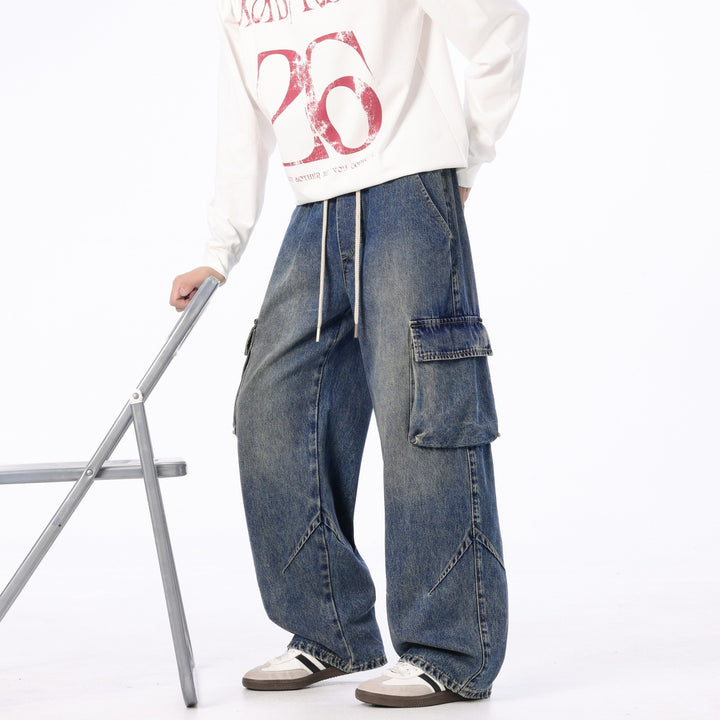Herren Weite Cargo-Denimhose mit Tunnelzug, Used‑Waschung und Oversize‑Passform Drune