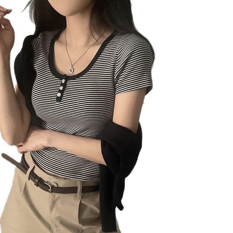 Damen modisches Kurzarmshirt mit Rundhalsausschnitt und Strukturdetails Drune