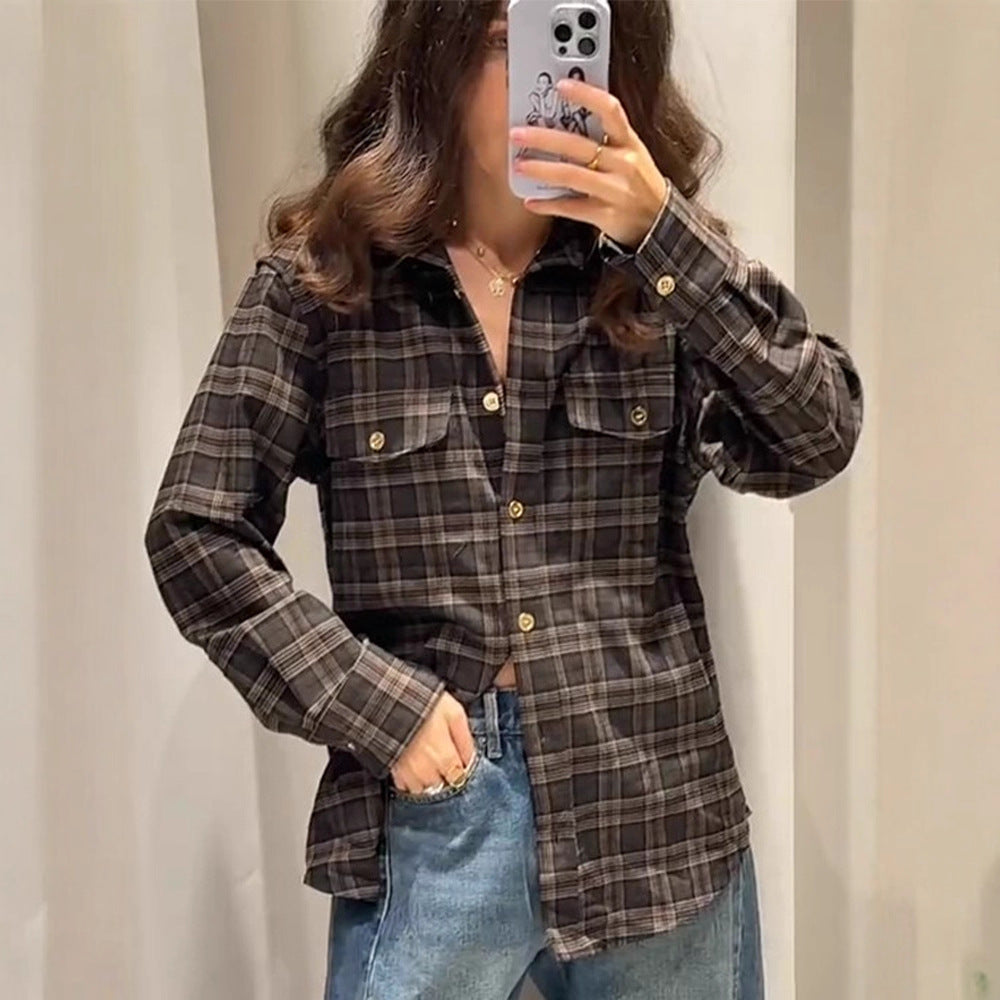 Damen Kariertes Overshirt mit Brusttaschen und goldenen Druckknöpfen Drune