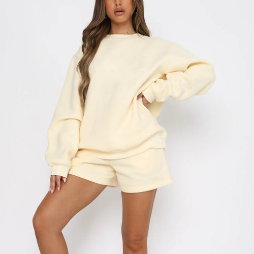 Damen Oversize-Lounge-Set mit French-Terry Sweatshirt, Rundhals und lockeren Sweatshorts Drune