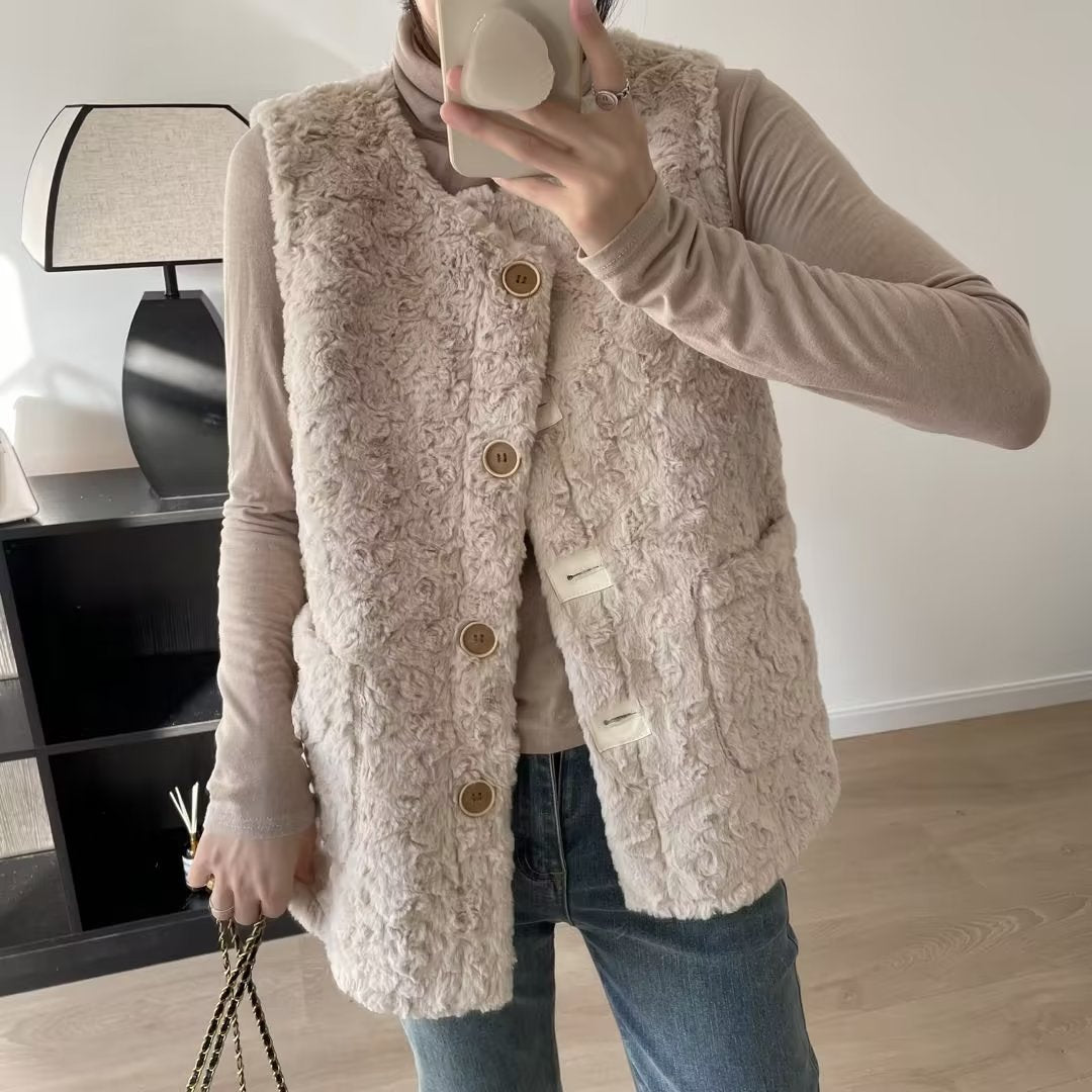 Damen gemütliche Teddy-Weste mit großen Taschen Drune