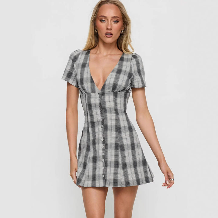 Damen Volantkleid mit V-Ausschnitt und Knopfleiste Drune