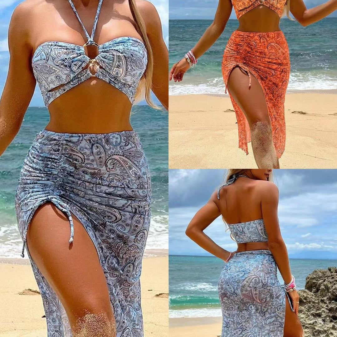Damen Bikini-Set mit floralem Bandeau-Oberteil und hoch taillierter Rockpartie Drune