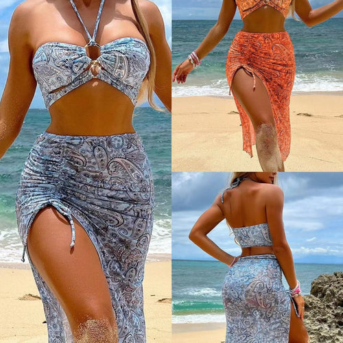 Damen Bikini-Set mit floralem Bandeau-Oberteil und hoch taillierter Rockpartie Drune
