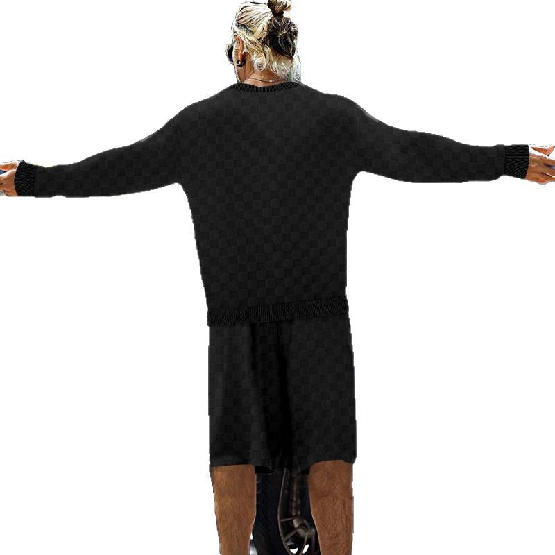 Herren nan oversized Waffelstrick-Lounge-Set mit Crewneck-Sweatshirt und knielangen Bermuda-Shorts Drune