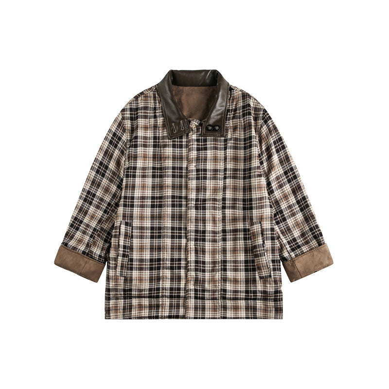 Herren Kurz geschnittener Fieldblouson im Vintage‑Workwear‑Stil mit Lederimitat‑Stehkragen und karierter Innenfütterung Drune