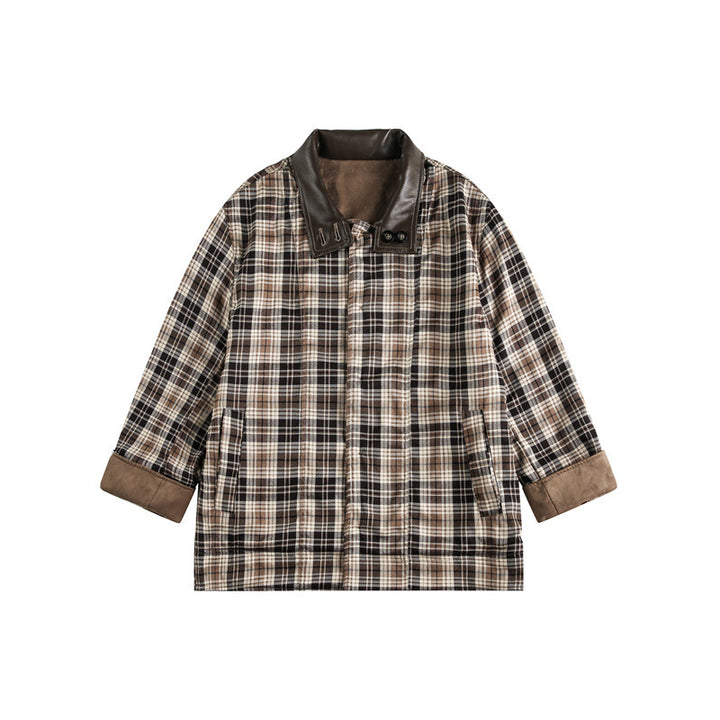 Herren Kurz geschnittener Fieldblouson im Vintage‑Workwear‑Stil mit Lederimitat‑Stehkragen und karierter Innenfütterung Drune