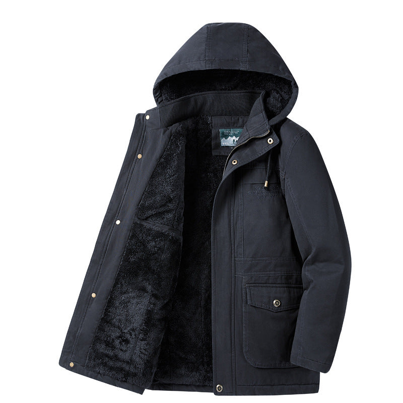 Herren Parka mit Teddyfutter, Kapuze und robuster Canvas-Außenschicht Drune