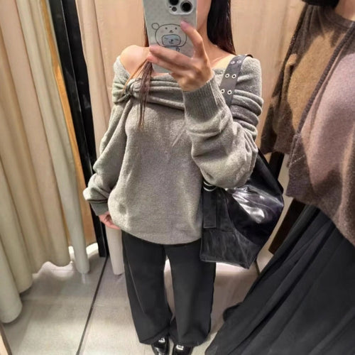 Damen Eleganter Pullover mit asymmetrischem Schalkragen und dekorativem Verschluss Drune