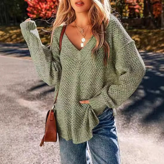 Damen Leicht gestrickter V-Ausschnitt Pullover mit lässigem Schnitt Drune