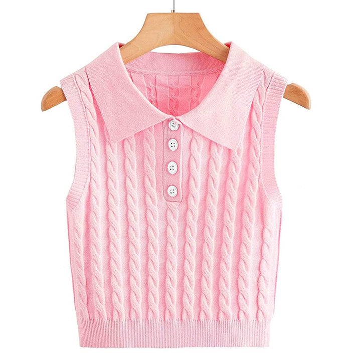 Damen Feinstrick-Ärmellose Polo-Weste mit Zopfmuster und tailliertem Schnitt Drune