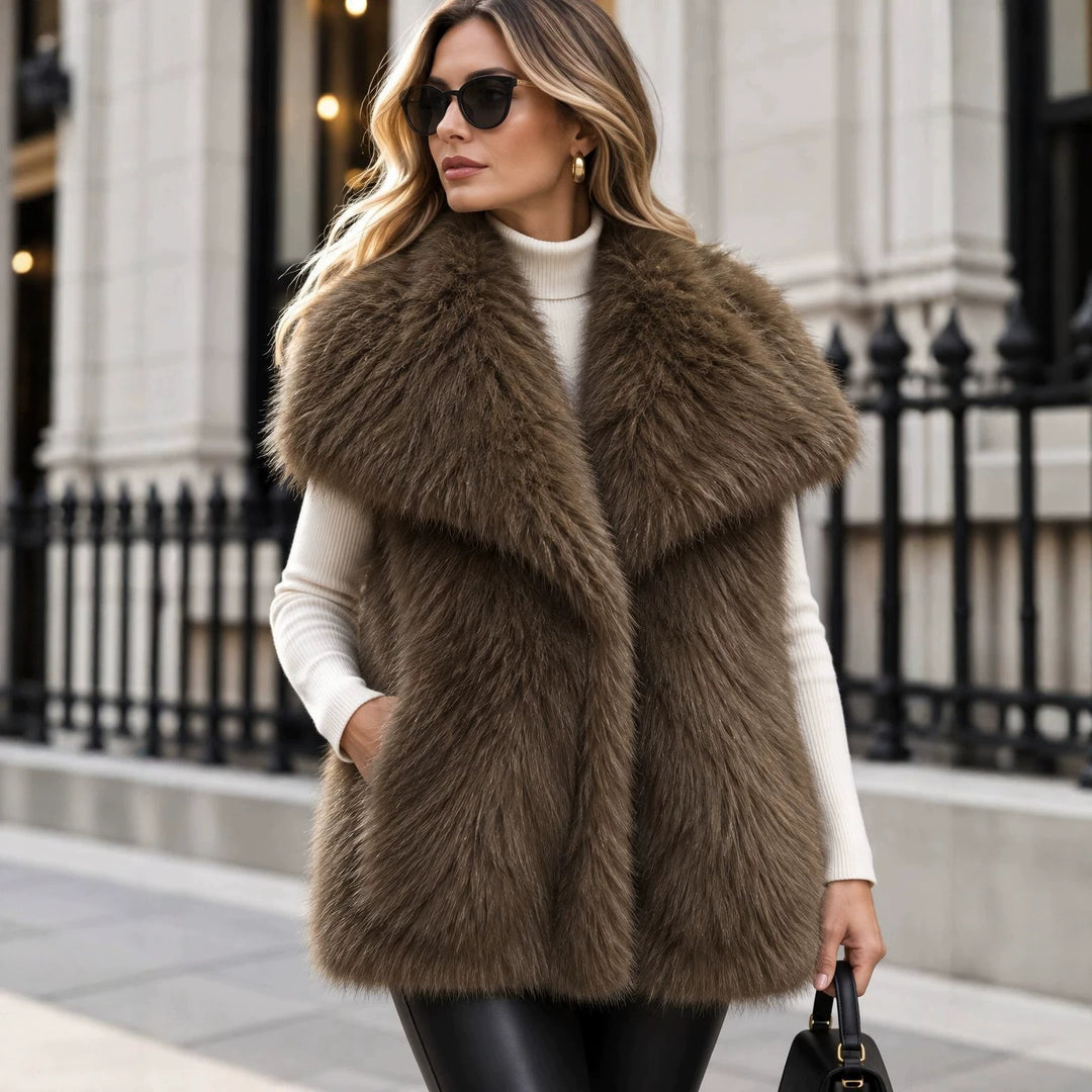 Damen Ärmellose Luxus‑Faux‑Fur‑Weste mit extraweichem Langflor und übergroßem Schalkragen Drune