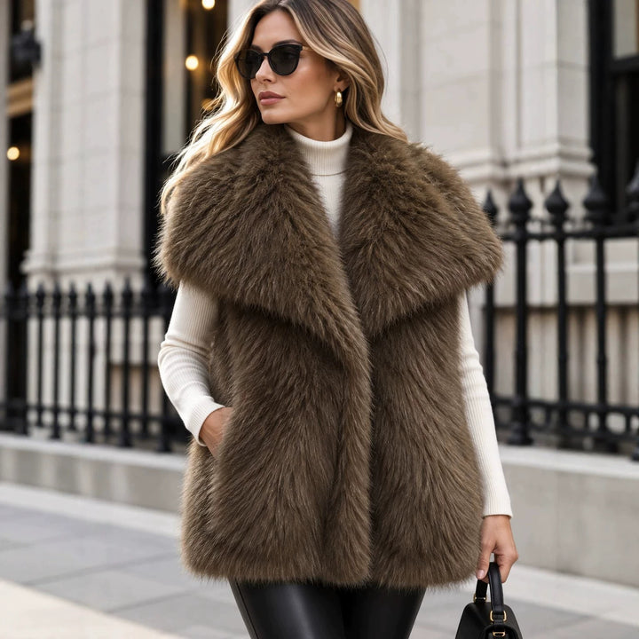 Damen Ärmellose Luxus‑Faux‑Fur‑Weste mit extraweichem Langflor und übergroßem Schalkragen Drune