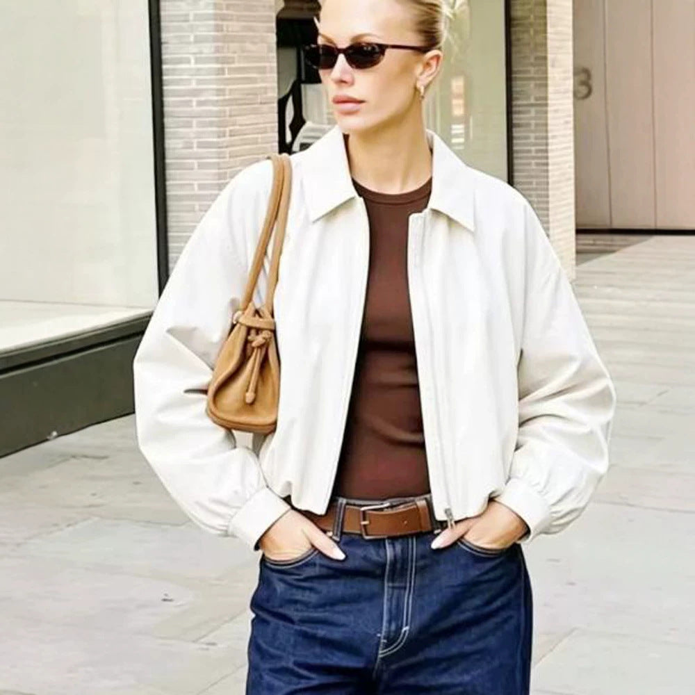 Damen Kurze Boxy-Hemdjacke mit Reißverschluss und elastischem Saum Drune