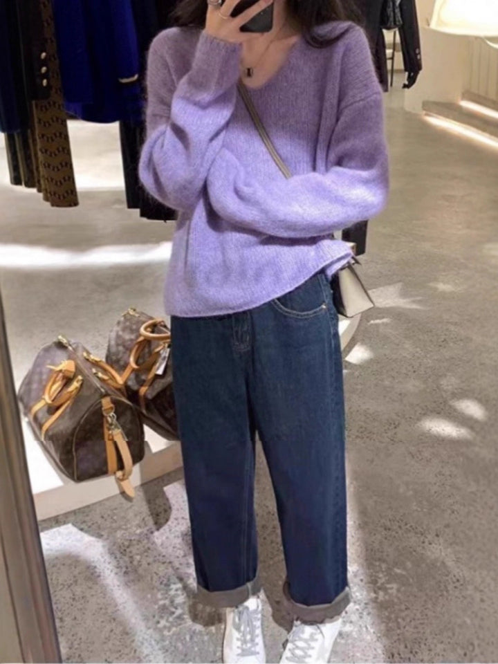 Damen Oversize V‑Ausschnitt Mohair‑Look Pullover mit Angora‑Optik und überschnittener Schulter Drune
