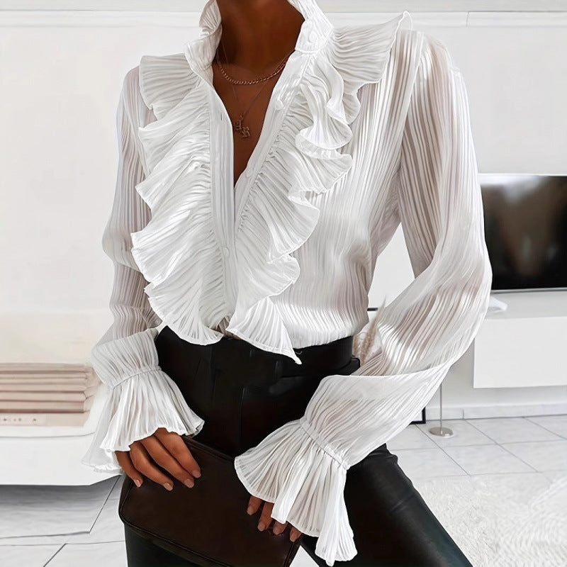 Damen Plissee Bluse mit Rüschendetails und eleganten Volants Drune
