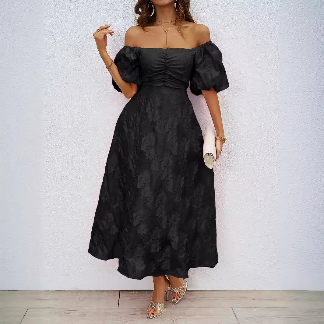 Damen elegantes Maxi-Kleid mit floralem Relief und schulterfreiem Design Drune