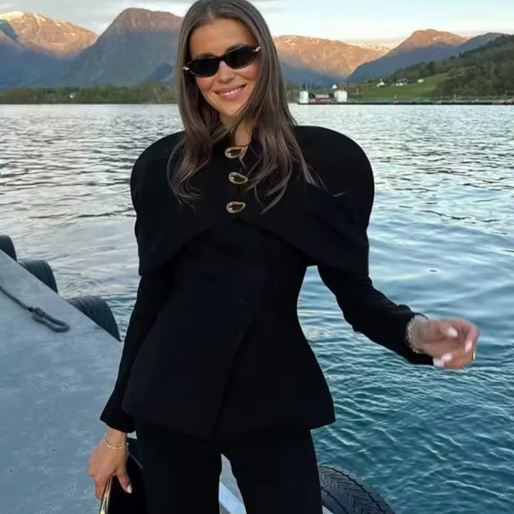 Damen Kurzer Taillierter Blazer mit Cape-Überwurf und Stehkragen Drune