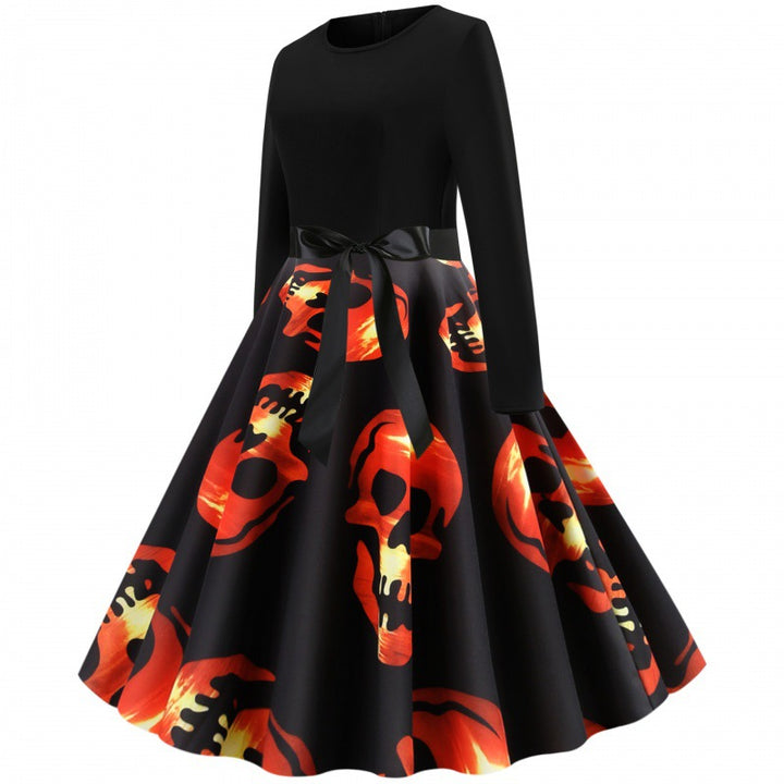 Damen Vintage Swing-Kleid mit tailliertem Oberteil, Tellerrock und großflächigem Totenkopf-Print Drune