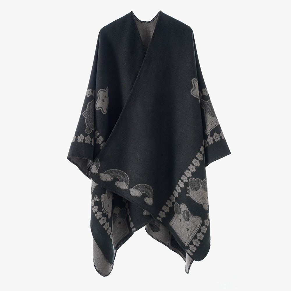 Damen Oversize-Poncho mit Jacquard‑Tiermotiv und asymmetrischem Zipfelsaum Drune