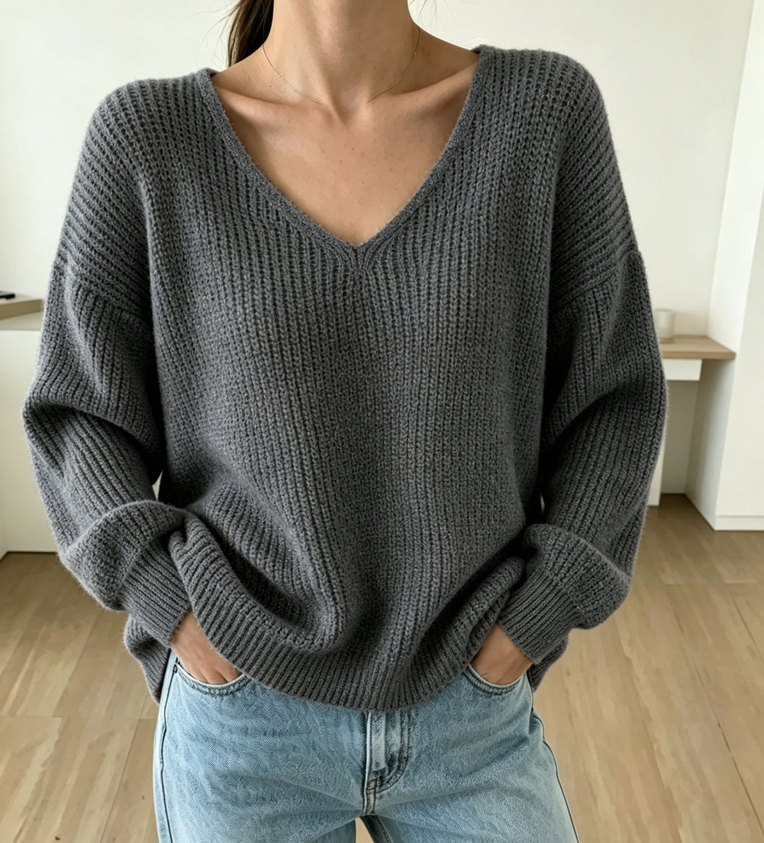 Damen Lässiger Boxy-Grobstrickpullover mit V-Ausschnitt und gerippten Bündchen Drune